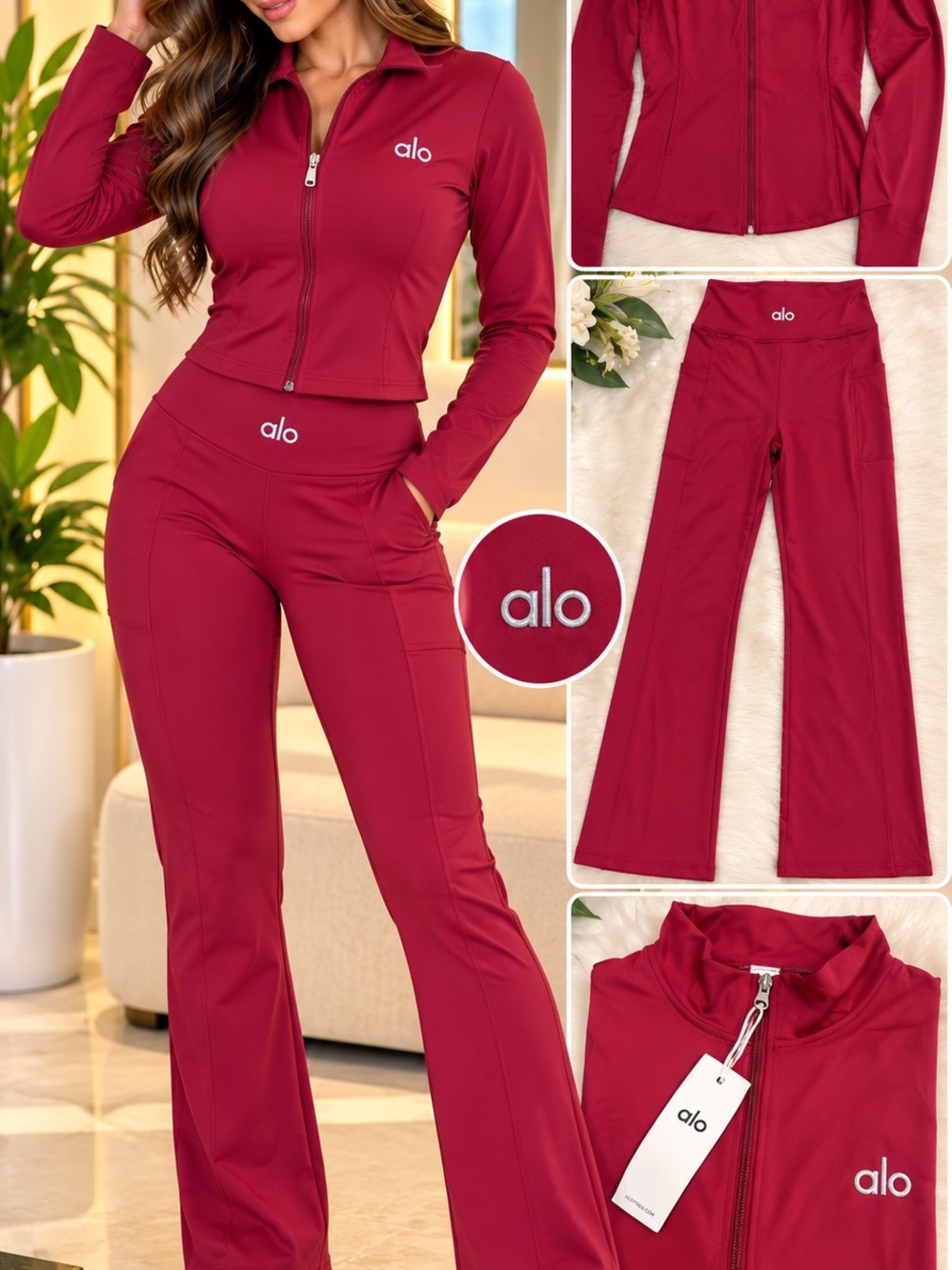ALO Yoga Burgundy Zip-Up Flare Jacket & Flared Leggings Set